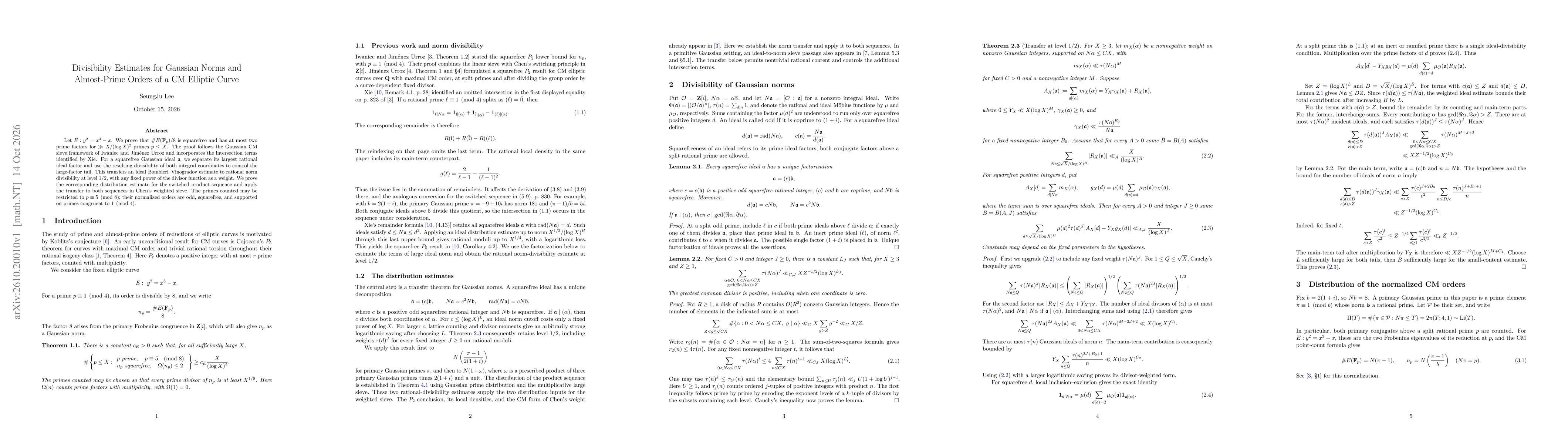 Thumbnail for Divisibility Estimates for Gaussian Norms and Almost-Prime Orders of a CM Elliptic Curve