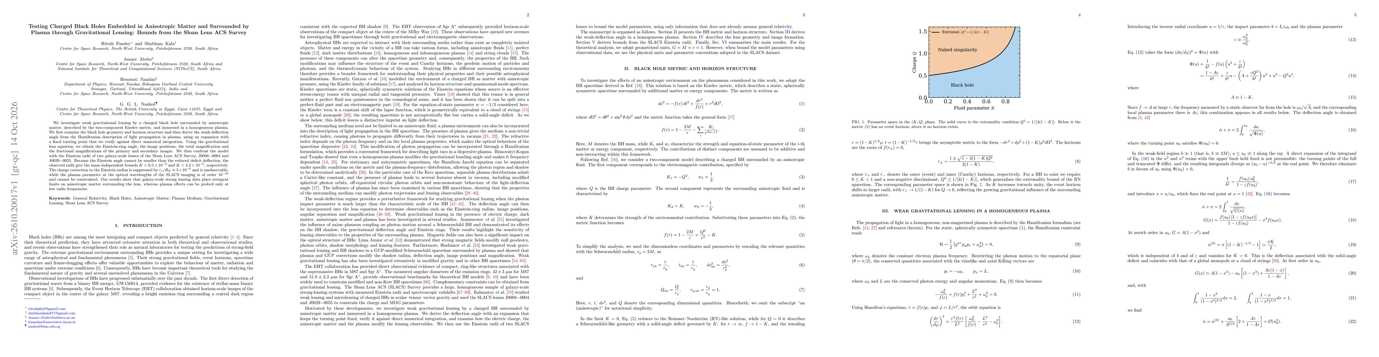 Thumbnail for Testing Charged Black Holes Embedded in Anisotropic Matter and Surrounded by Plasma through Gravitational Lensing: Bounds from the Sloan Lens ACS Survey