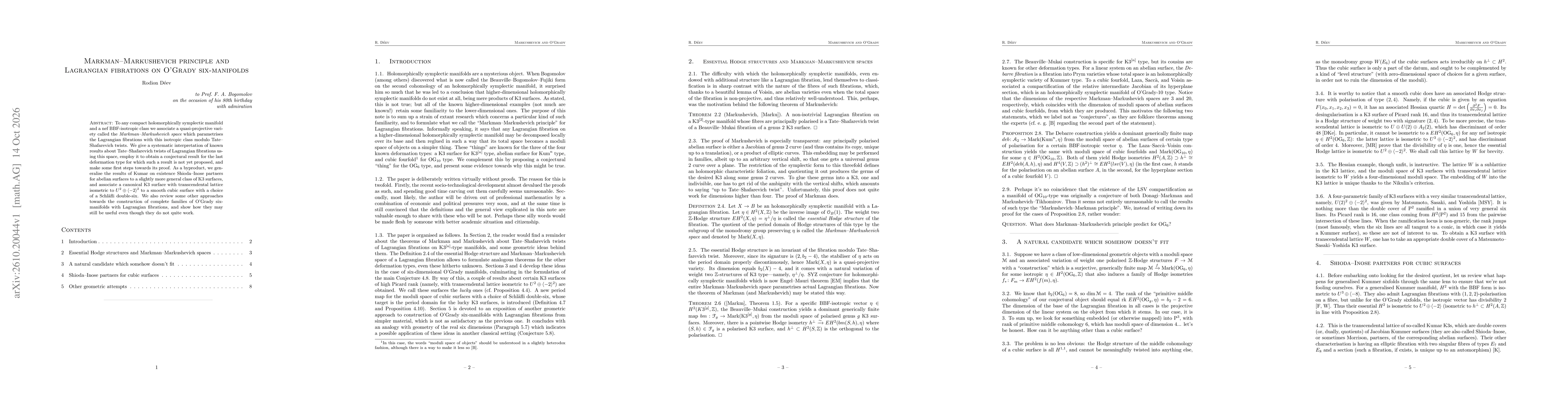 Thumbnail for Markman--Markushevich principle and Lagrangian fibrations on O'Grady six-manifolds