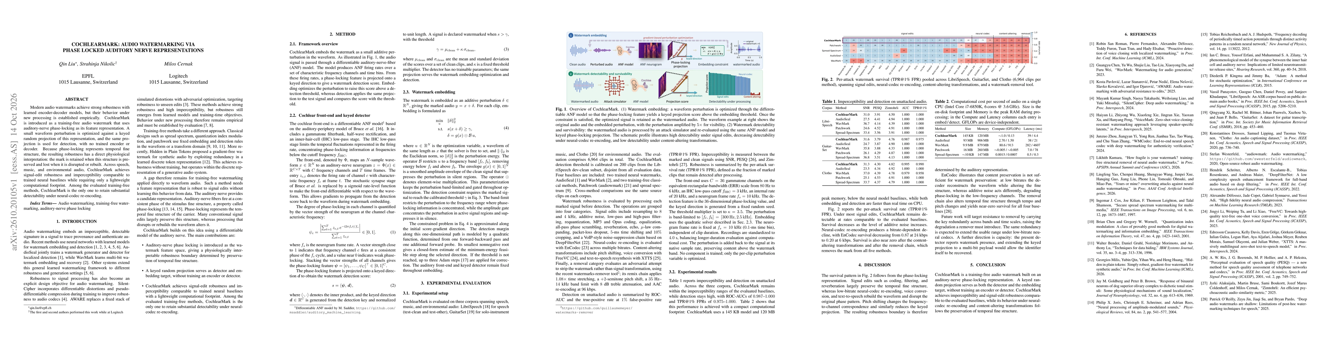 Thumbnail for CochlearMark: Audio Watermarking via Phase Locked Auditory Nerve Representations