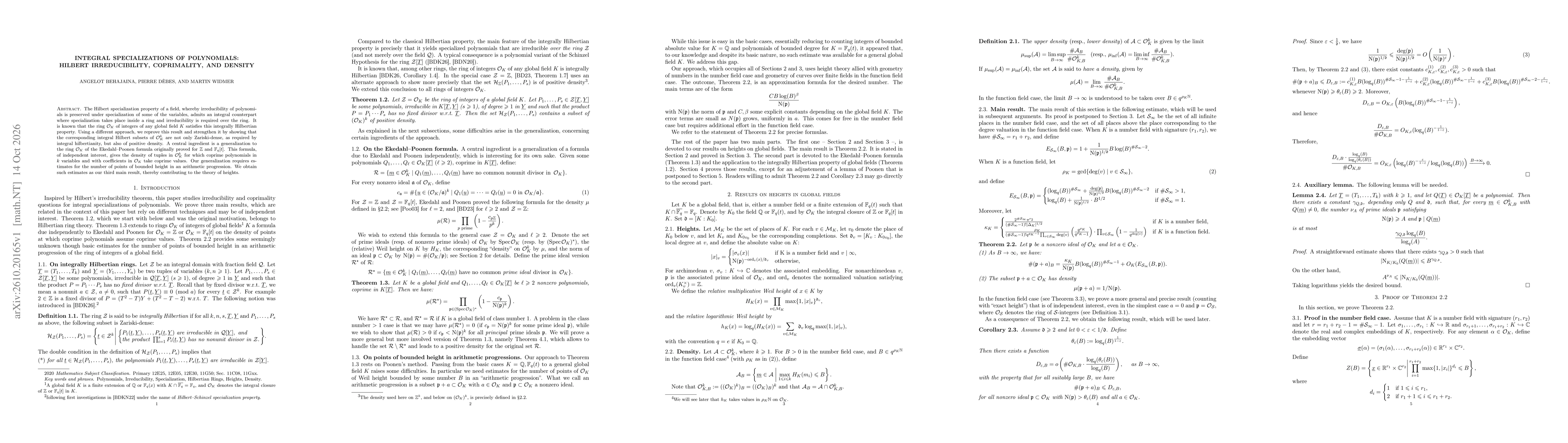 Thumbnail for Integral Specializations of Polynomials: Hilbert Irreducibility, Coprimality, and Density