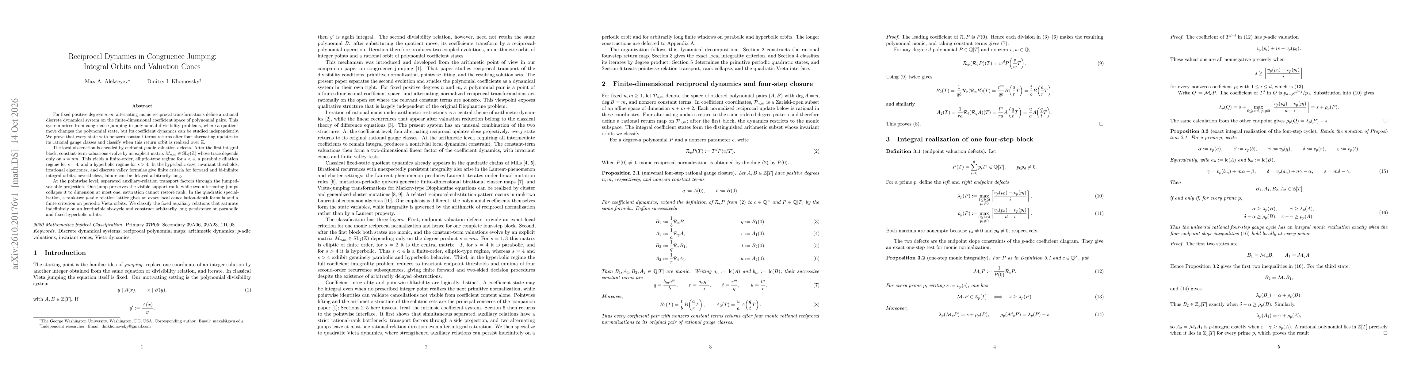 Thumbnail for Reciprocal Dynamics in Congruence Jumping: Integral Orbits and Valuation Cones