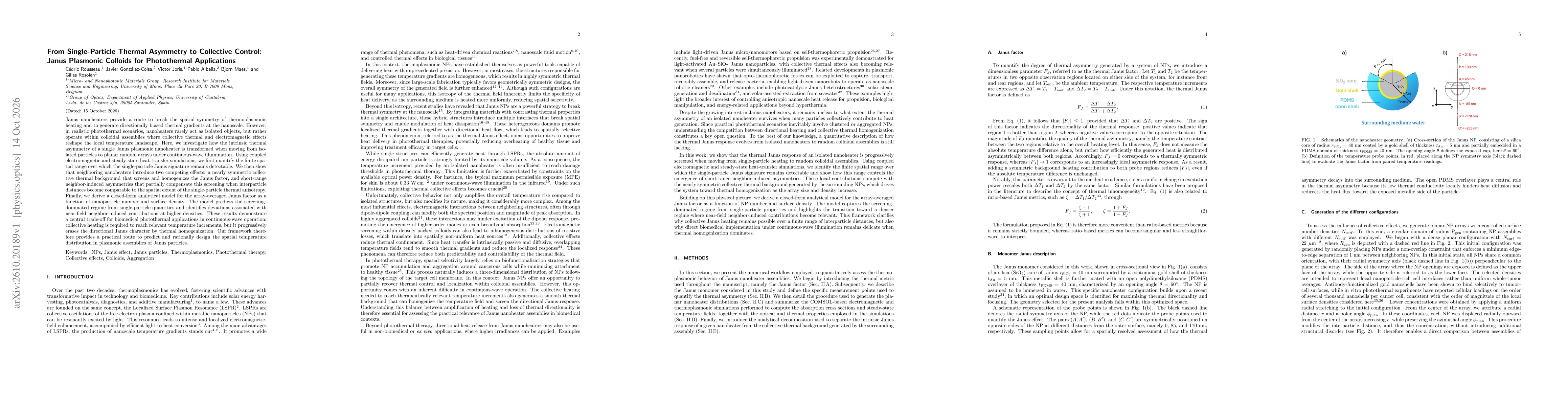 Thumbnail for From Single-Particle Thermal Asymmetry to Collective Control: Janus Plasmonic Colloids for Photothermal Applications
