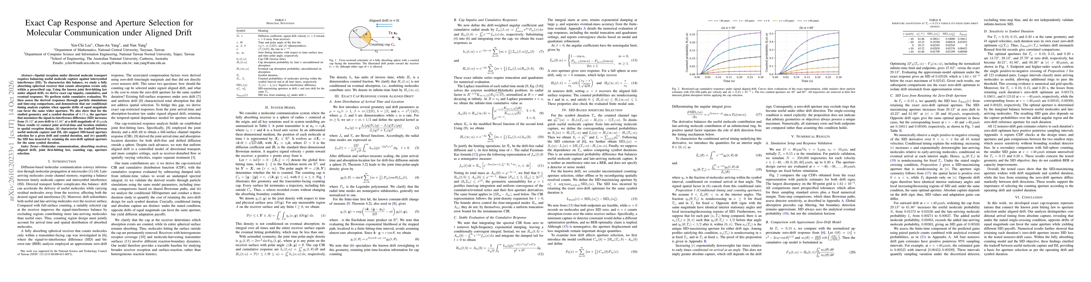 Thumbnail for Exact Cap Response and Aperture Selection for Molecular Communication under Aligned Drift