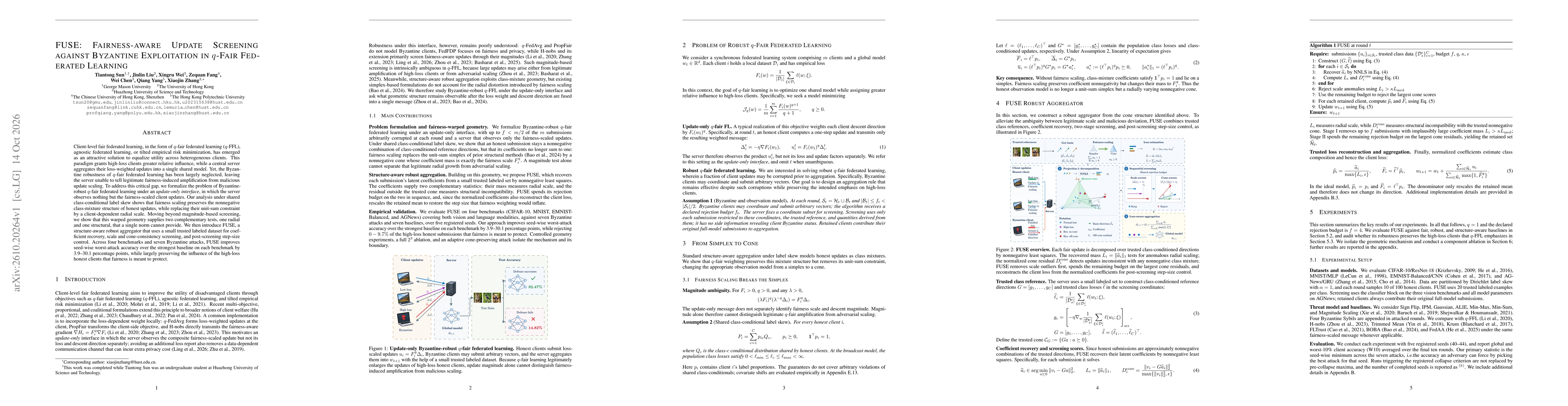 Thumbnail for FUSE: Fairness-aware Update Screening against Byzantine Exploitation in $q$-Fair Federated Learning