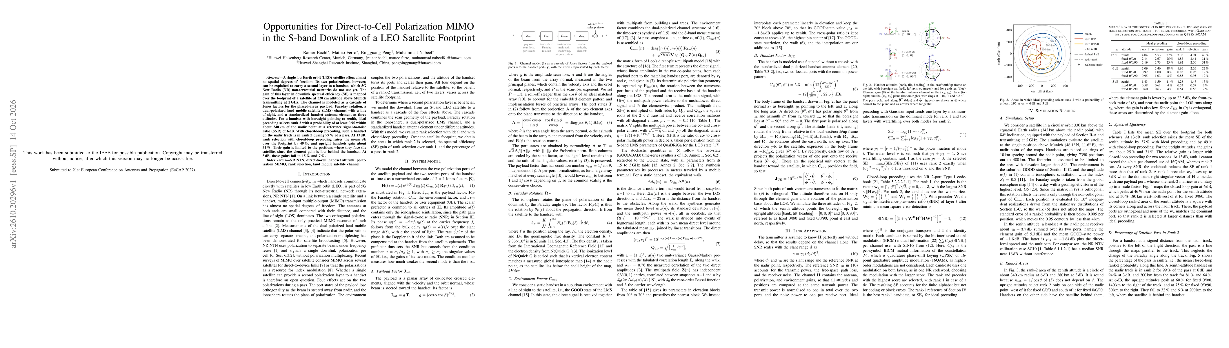 Thumbnail for Opportunities for Direct-to-Cell Polarization MIMO in the S-band Downlink of a LEO Satellite Footprint