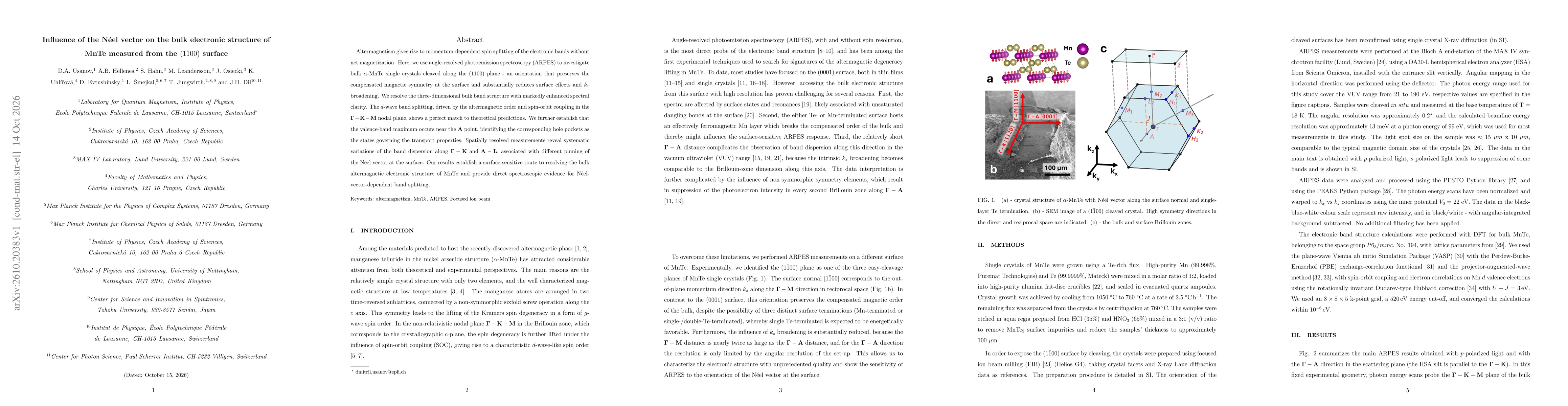Thumbnail for Influence of the Néel vector on the bulk electronic structure of MnTe measured from the $(1 \bar1 00)$ surface