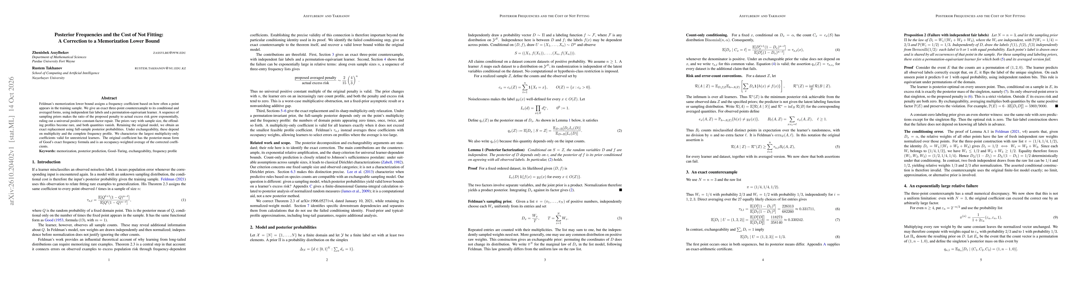Thumbnail for Posterior Frequencies and the Cost of Not Fitting: A Correction to a Memorization Lower Bound