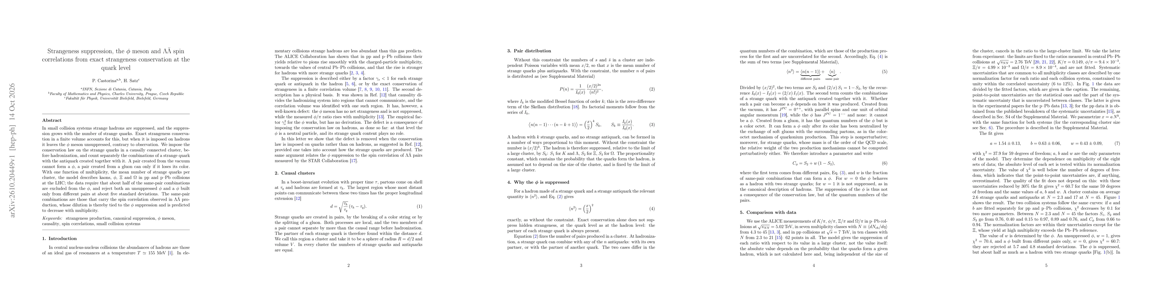 Thumbnail for Strangeness suppression, the $φ$ meson and $Λ\barΛ$ spin correlations from exact strangeness conservation at the quark level