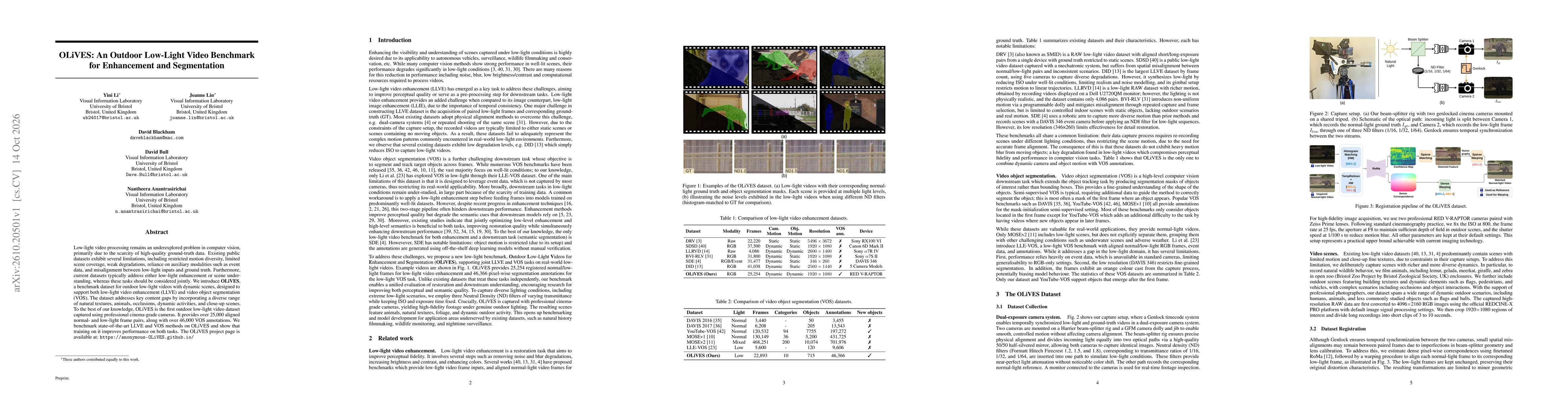 Thumbnail for OLiVES: An Outdoor Low-Light Video Benchmark for Enhancement and Segmentation