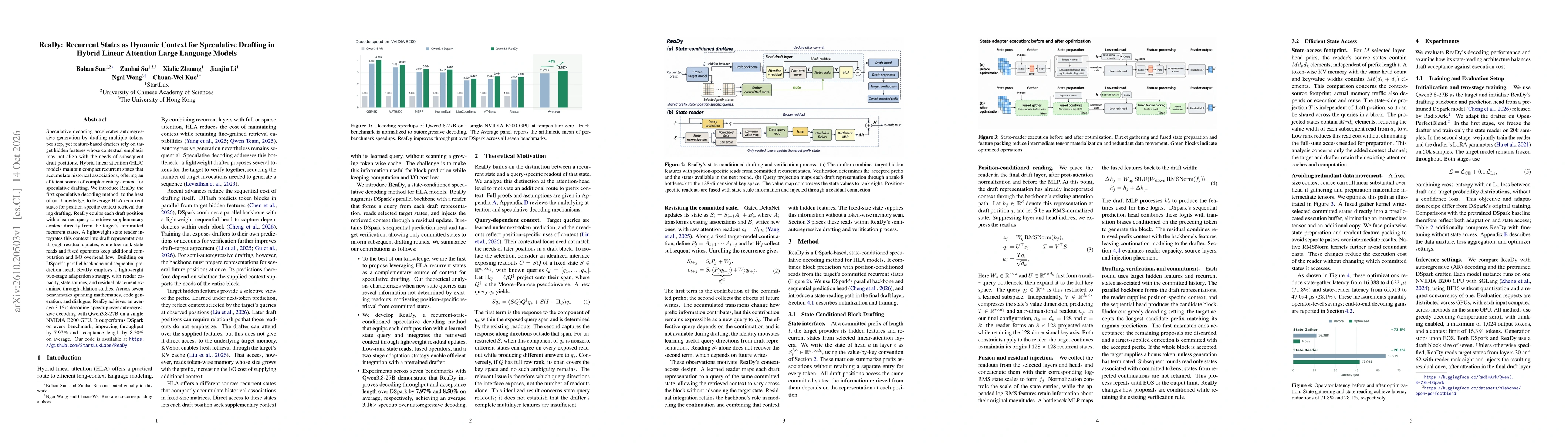 Thumbnail for ReaDy: Recurrent States as Dynamic Context for Speculative Drafting in Hybrid Linear Attention Large Language Models
