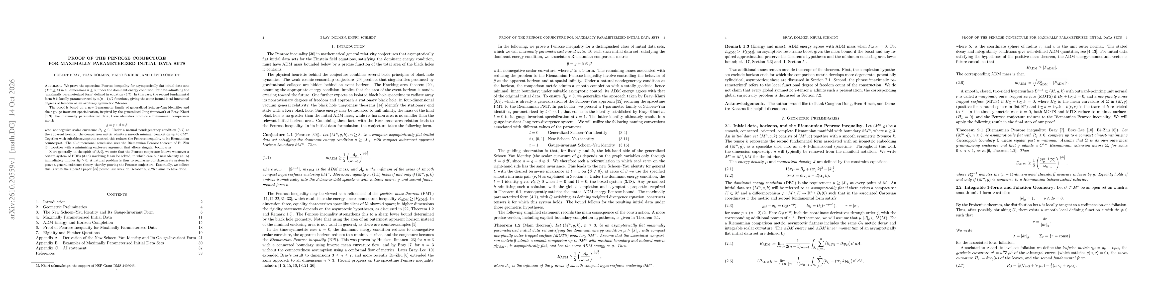 Thumbnail for Proof of the Penrose Conjecture for Maximally Parameterized Initial Data Sets