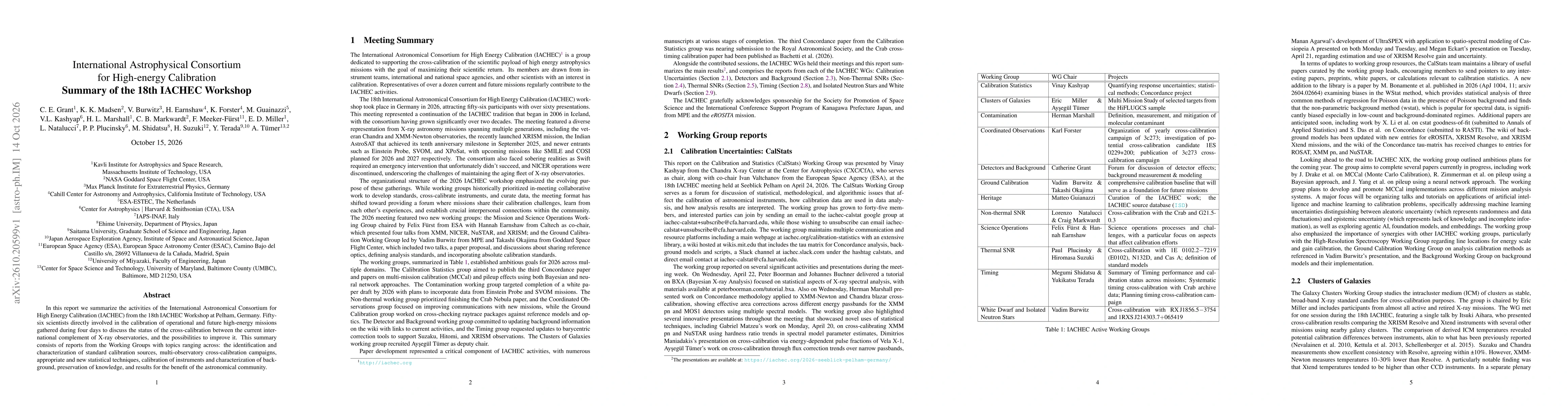 Thumbnail for International Astrophysical Consortium for High-energy Calibration: Summary of the 18th IACHEC Workshop