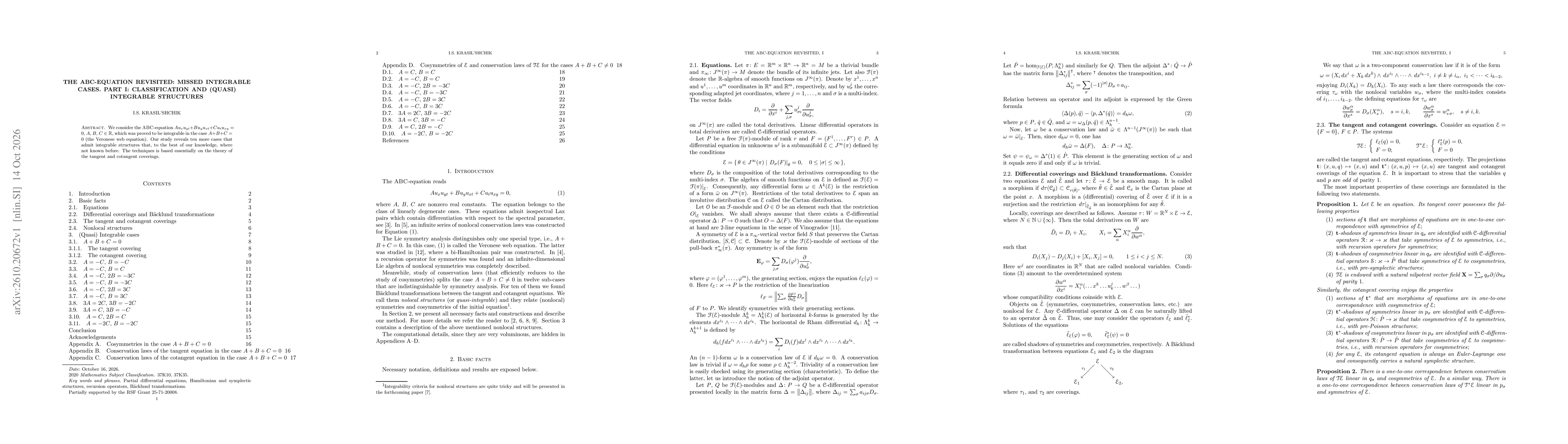 Thumbnail for The \textsc{ABC}-equation revisited: missed integrable cases. Part I: classification and (quasi) integrable structures