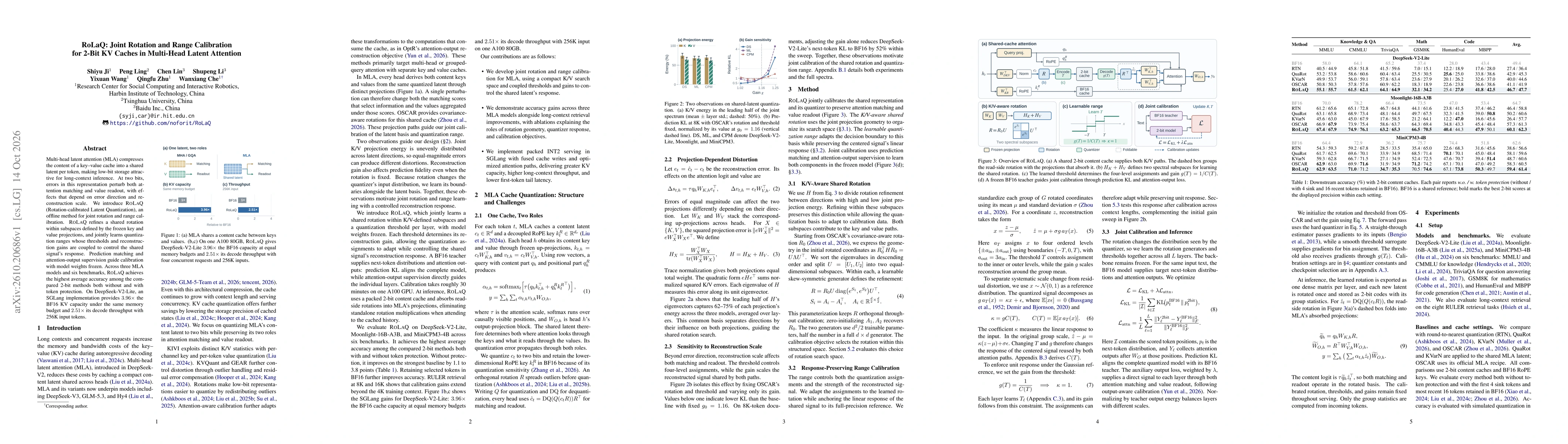 Thumbnail for RoLaQ: Joint Rotation and Range Calibration for 2-Bit KV Caches in Multi-Head Latent Attention