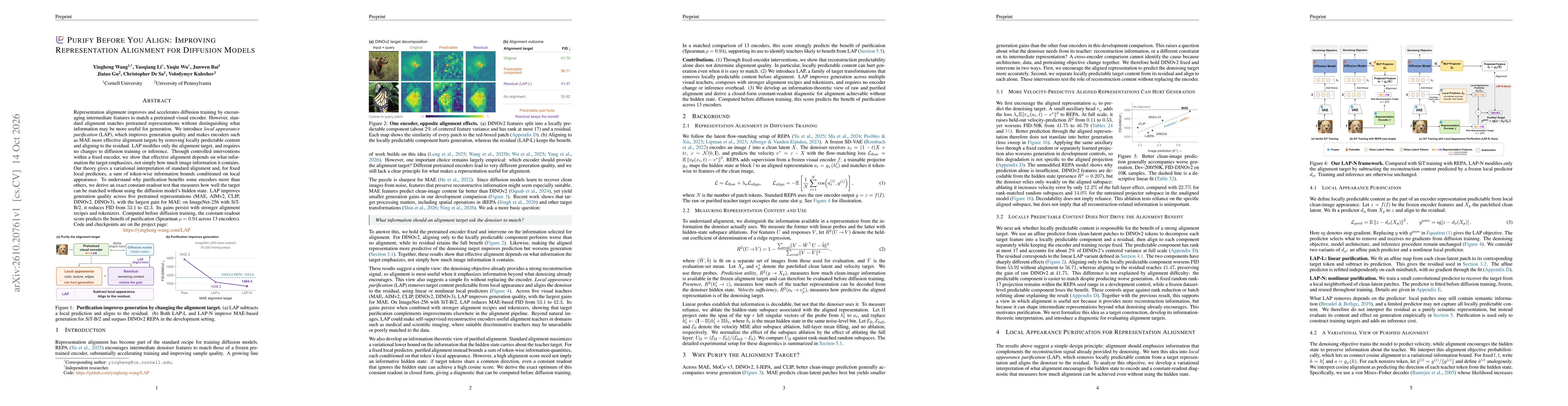 Thumbnail for Purify Before You Align: Improving Representation Alignment for Diffusion Models