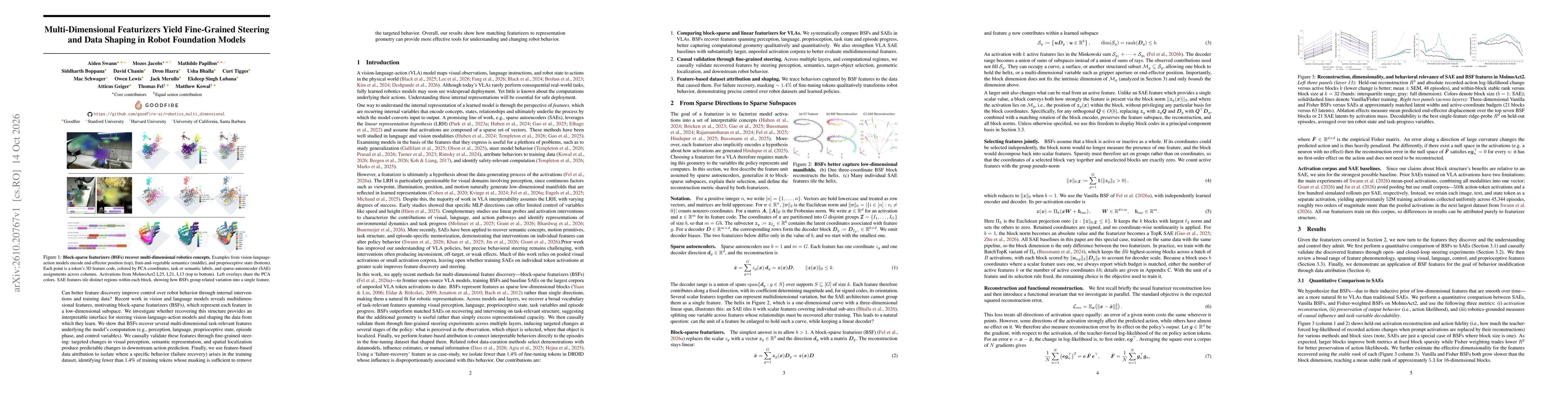 Thumbnail for Multi-Dimensional Featurizers Yield Fine-Grained Steering and Data Shaping in Robot Foundation Models