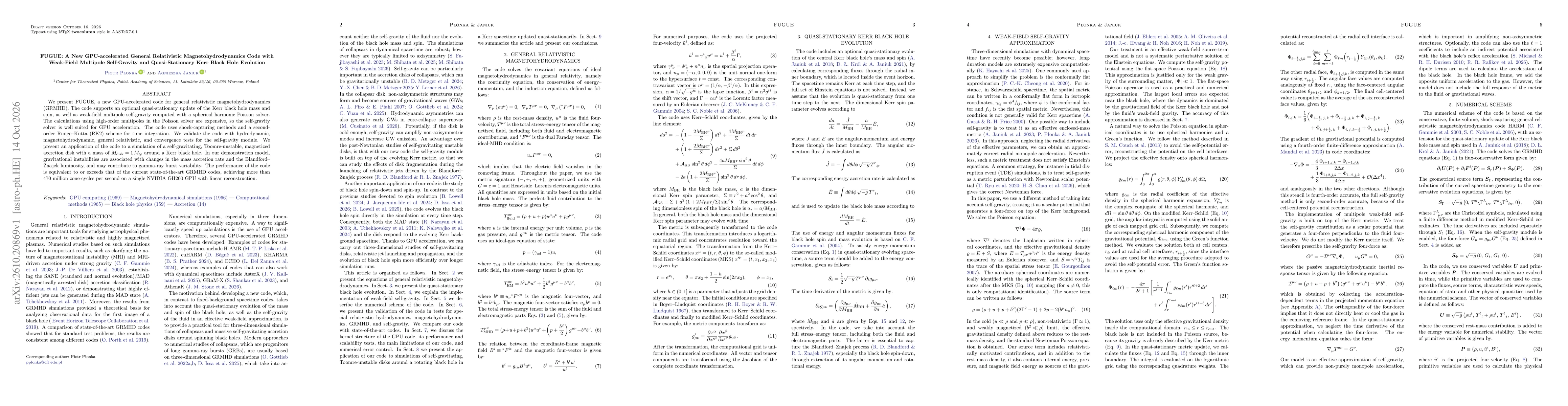 Thumbnail for FUGUE: A New GPU-accelerated General Relativistic Magnetohydrodynamics Code with Weak-Field Multipole Self-Gravity and Quasi-Stationary Kerr Black Hole Evolution