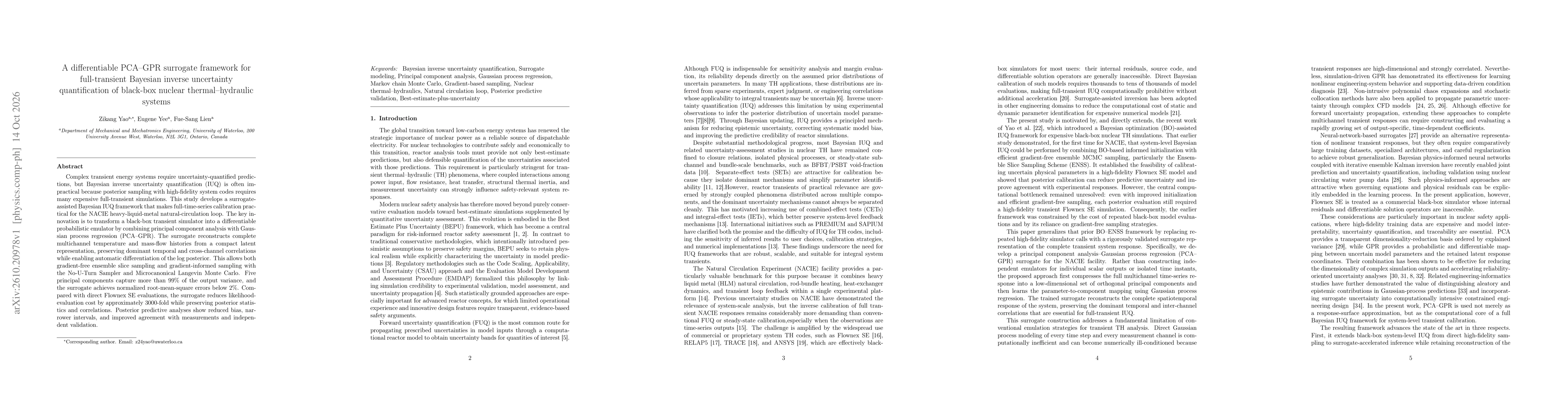 Thumbnail for A differentiable PCA-GPR surrogate framework for full-transient Bayesian inverse uncertainty quantification of black-box nuclear thermal-hydraulic systems