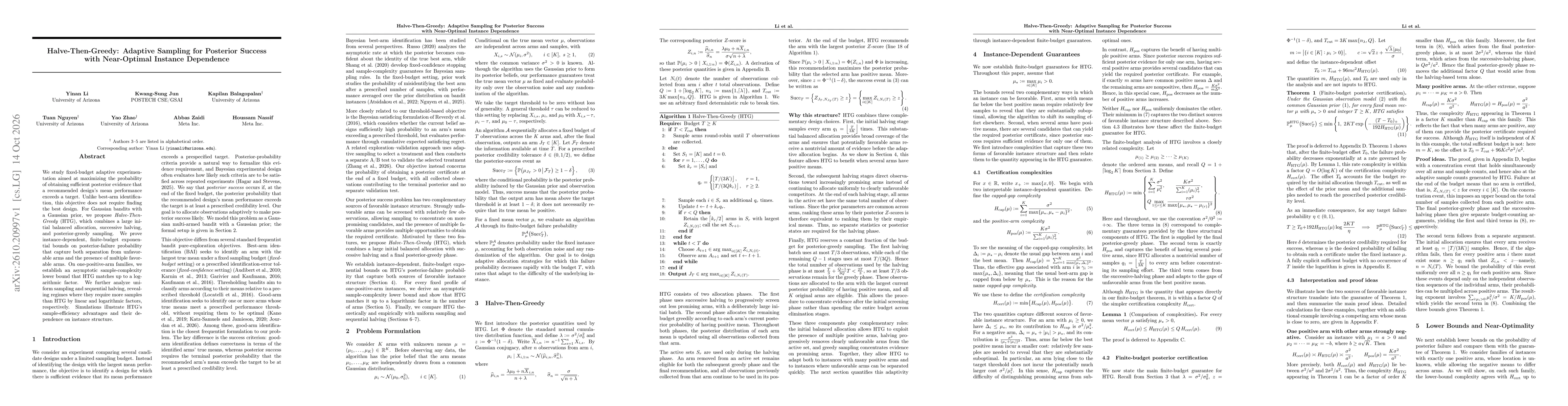 Thumbnail for Halve-Then-Greedy: Adaptive Sampling for Posterior Success with Near-Optimal Instance Dependence