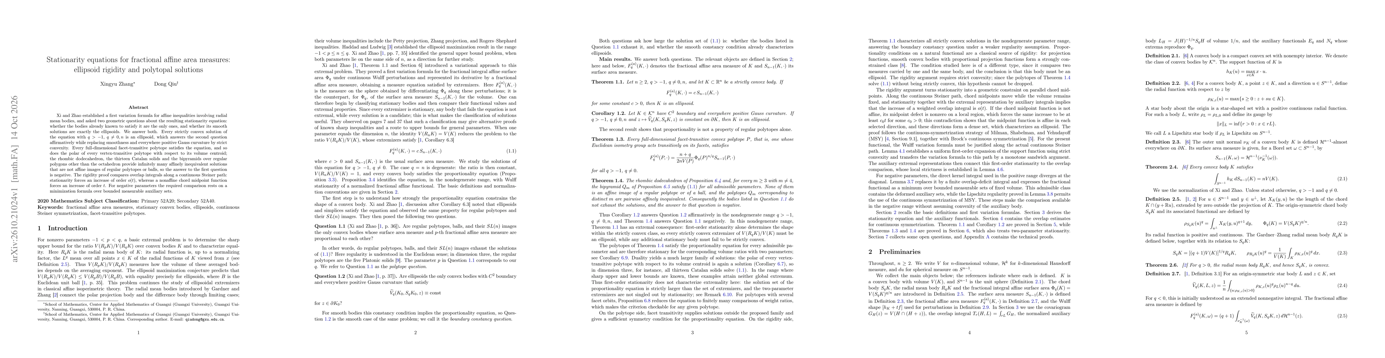 Thumbnail for Stationarity equations for fractional affine area measures: ellipsoid rigidity and polytopal solutions