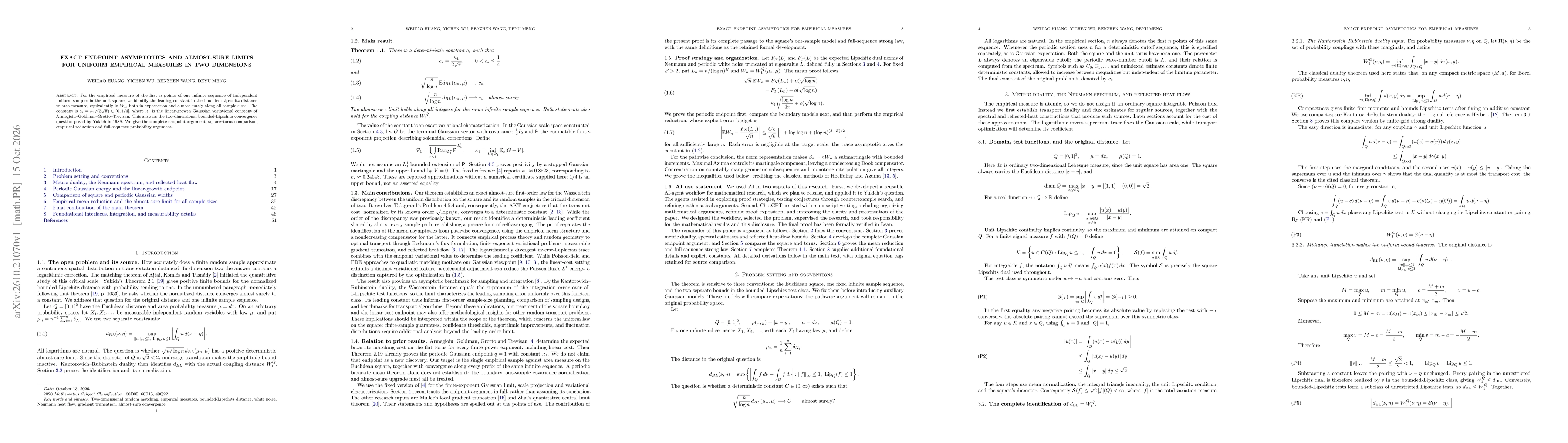 Thumbnail for Exact Endpoint Asymptotics and Almost-Sure Limits for Uniform Empirical Measures in Two Dimensions