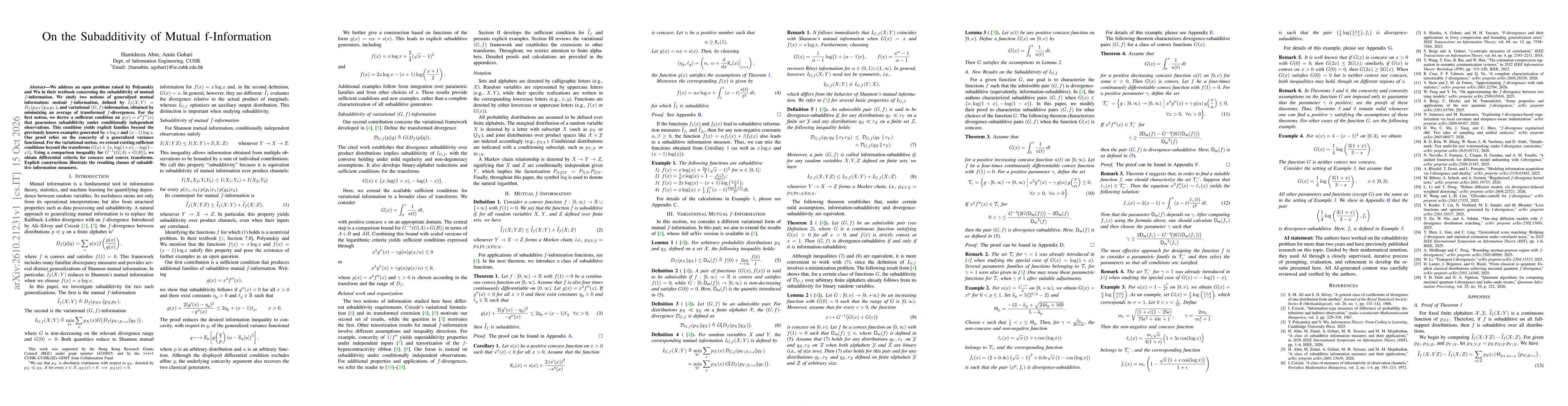 Thumbnail for On the Subadditivity of Mutual f-Information