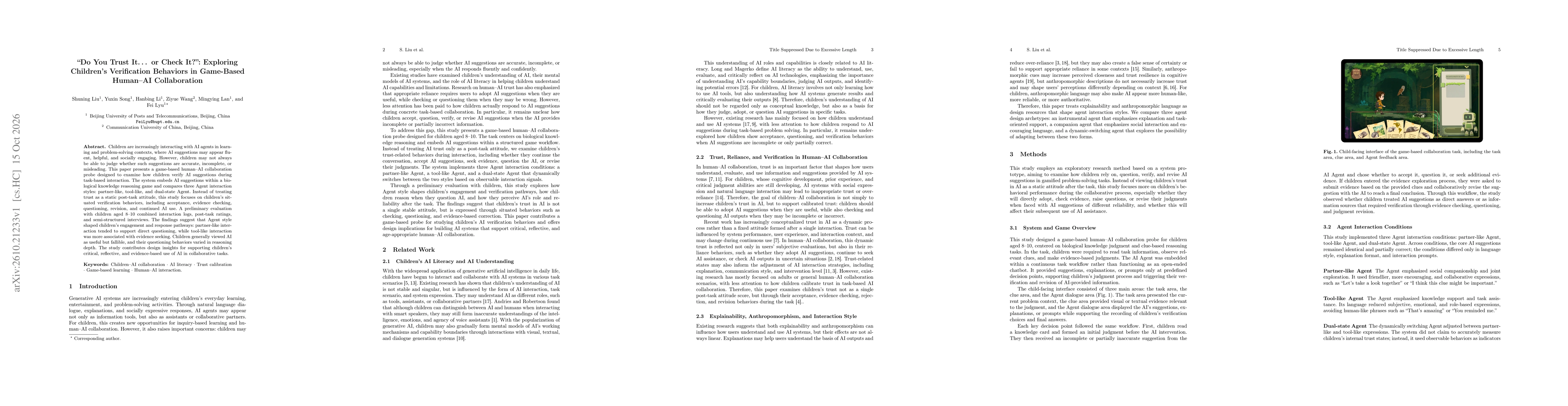 Thumbnail for "Do You Trust It... or Check It?": Exploring Children's Verification Behaviors in Game-Based Human-AI Collaboration