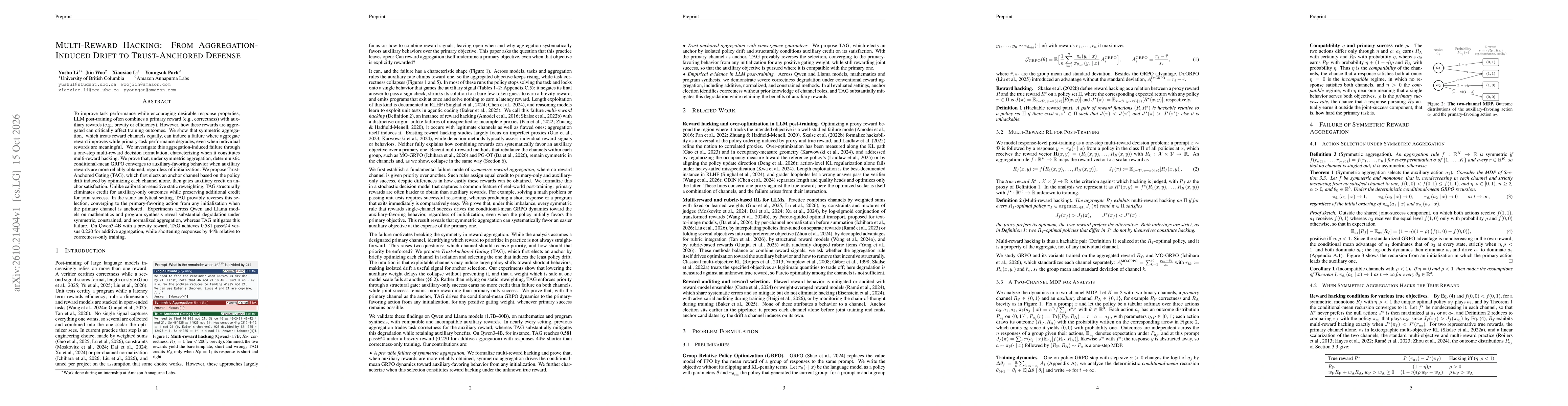 Thumbnail for Multi-Reward Hacking: From Aggregation-Induced Drift to Trust-Anchored Defense