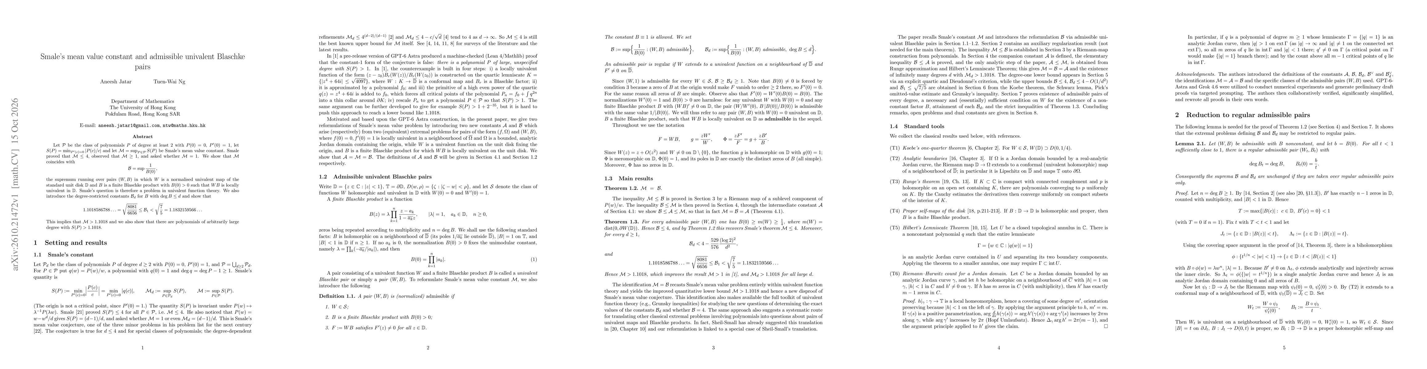 Thumbnail for Smale's mean value constant and admissible univalent Blaschke pairs