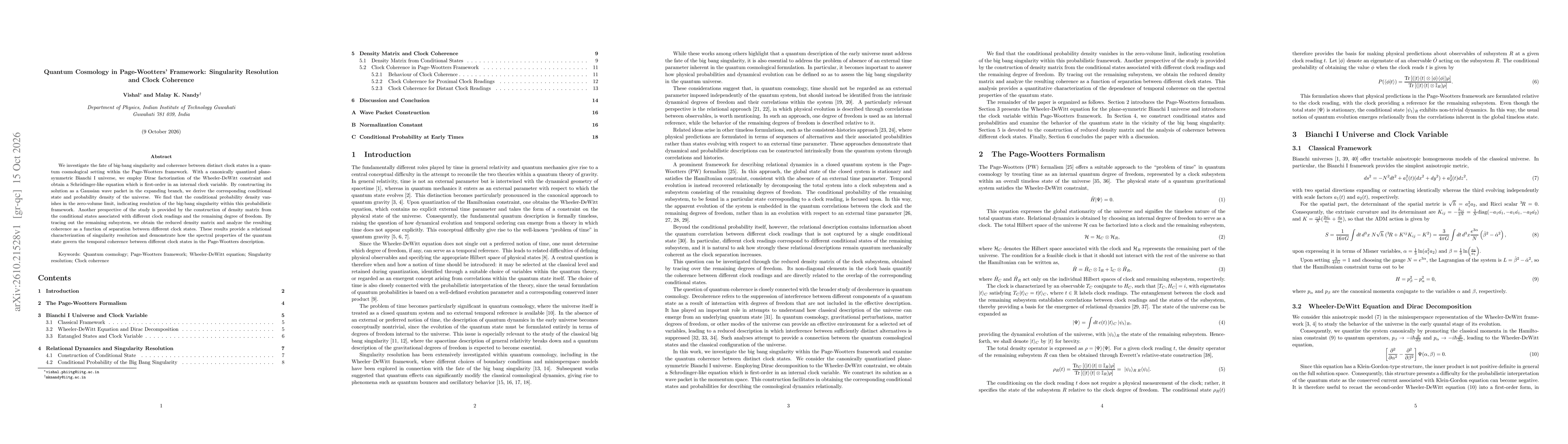 Thumbnail for Quantum Cosmology in Page-Wootters' Framework: Singularity Resolution and Clock Coherence