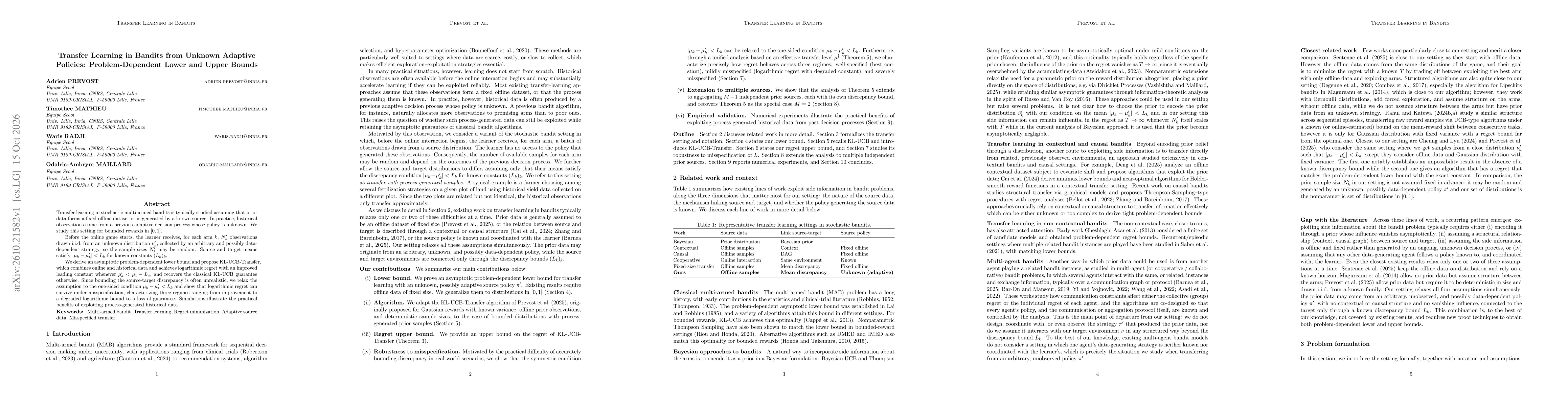 Thumbnail for Transfer Learning in Bandits from Unknown Adaptive Policies: Problem-Dependent Lower and Upper Bounds
