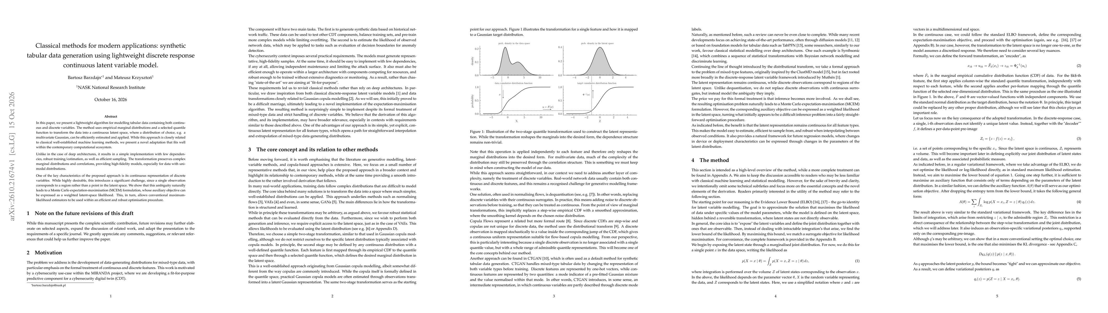 Thumbnail for Classical methods for modern applications: synthetic tabular data generation using lightweight discrete response continuous latent variable model