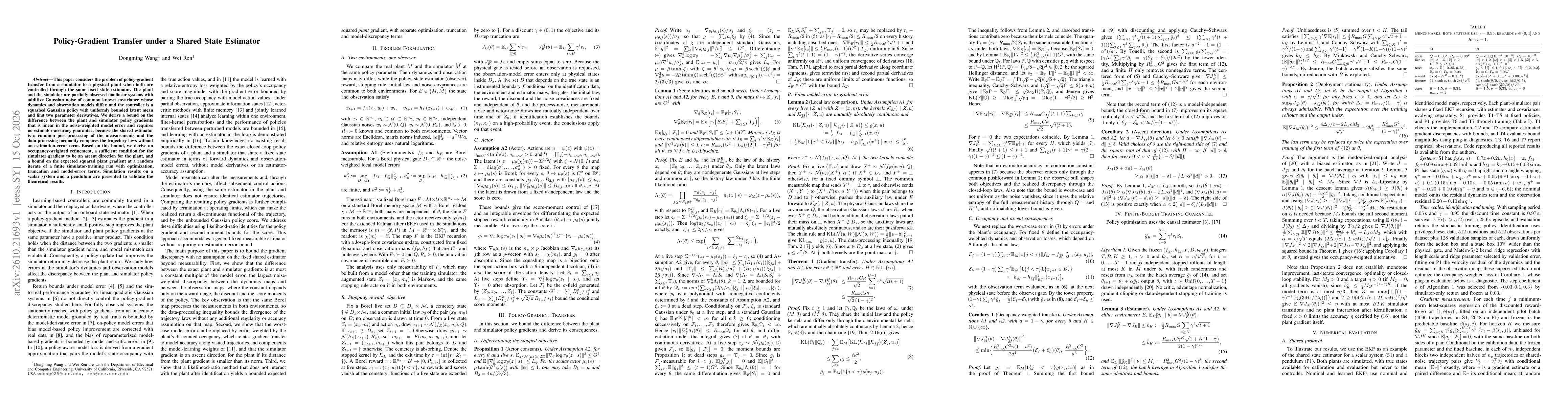 Thumbnail for Policy-Gradient Transfer under a Shared State Estimator