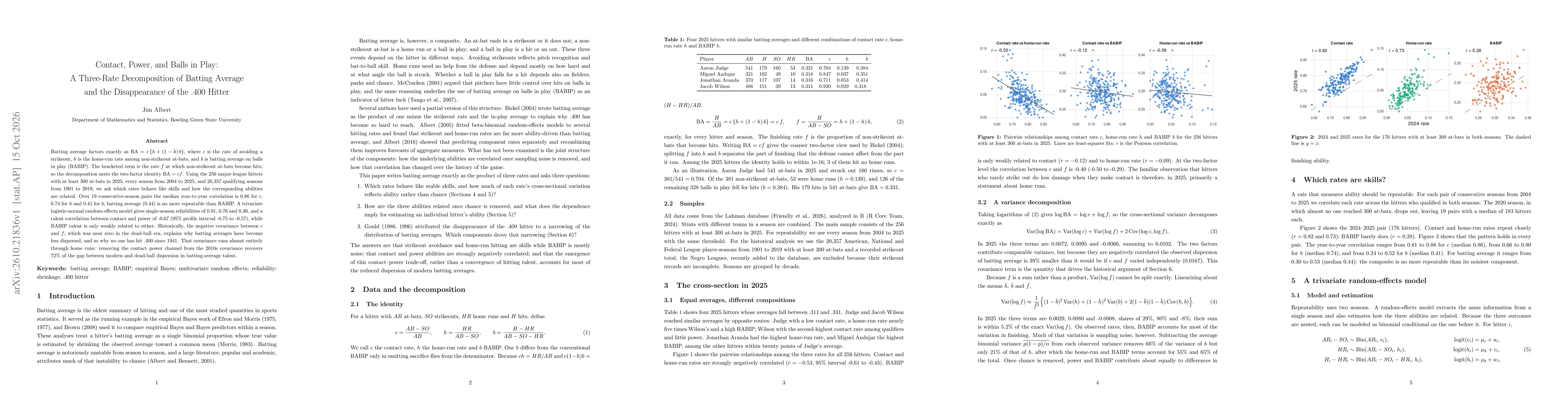 Thumbnail for Contact, Power, and Balls in Play: A Three-Rate Decomposition of Batting Average and the Disappearance of the .400 Hitter