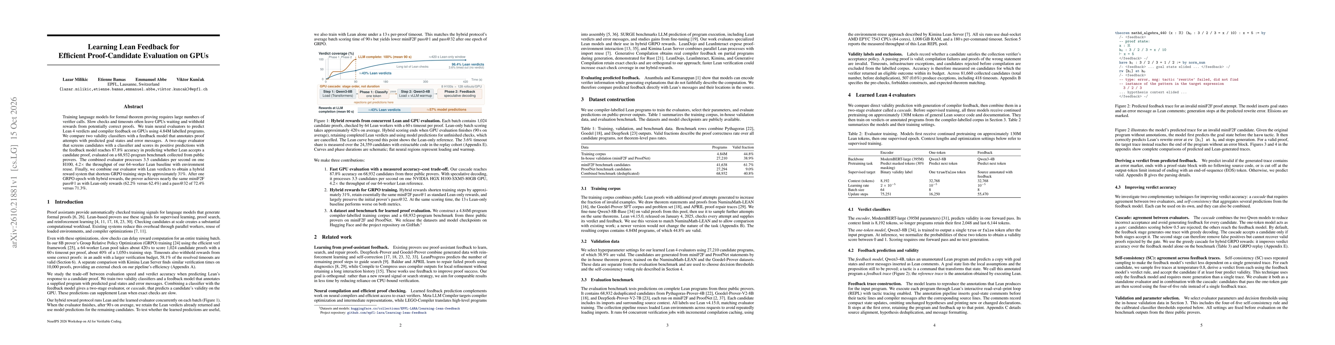 Thumbnail for Learning Lean Feedback for Efficient Proof-Candidate Evaluation on GPUs