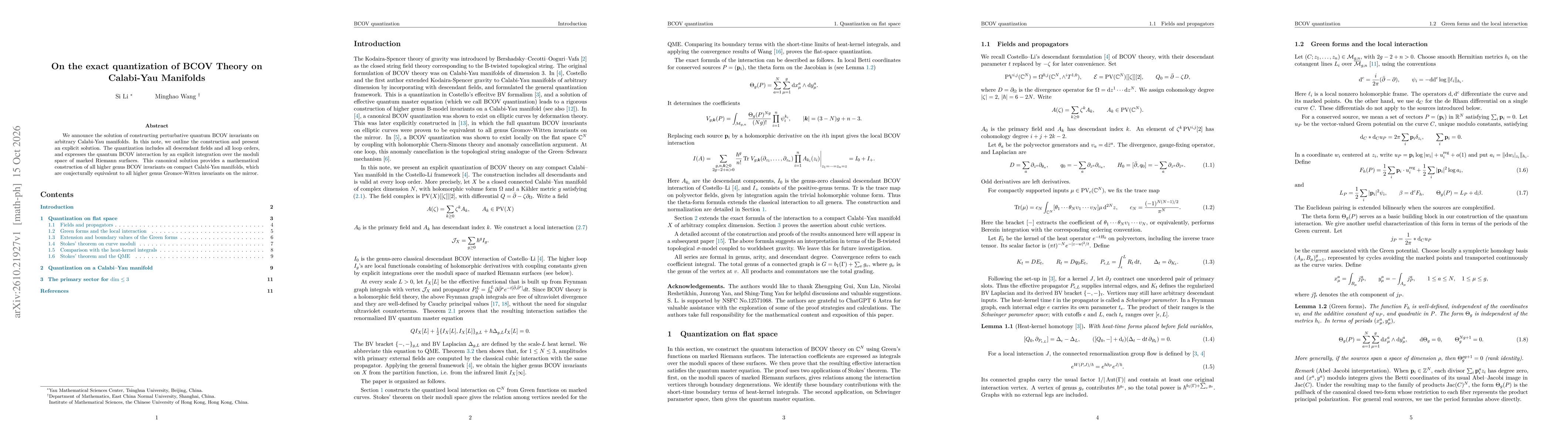 Thumbnail for On the exact quantization of BCOV Theory on Calabi-Yau Manifolds