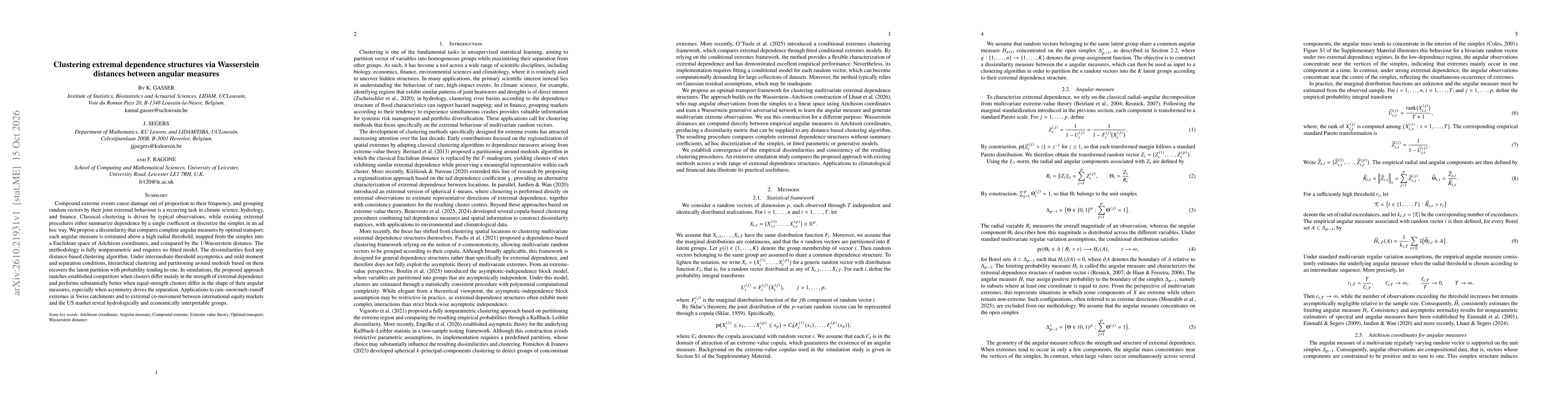 Thumbnail for Clustering extremal dependence structures via Wasserstein distances between angular measures
