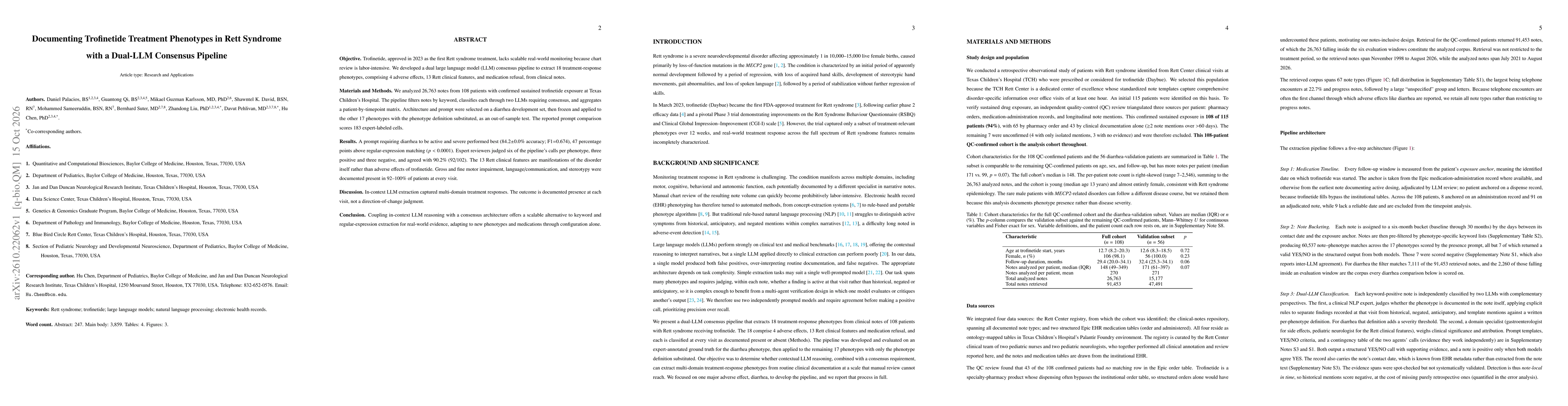 Thumbnail for Documenting Trofinetide Treatment Phenotypes in Rett Syndrome with a Dual-LLM Consensus Pipeline