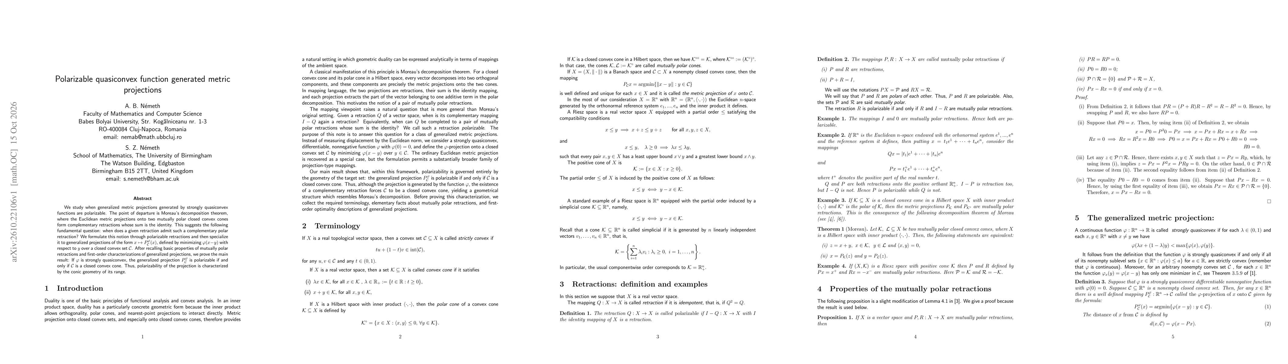 Thumbnail for Polarizable quasiconvex function generated metric projection
