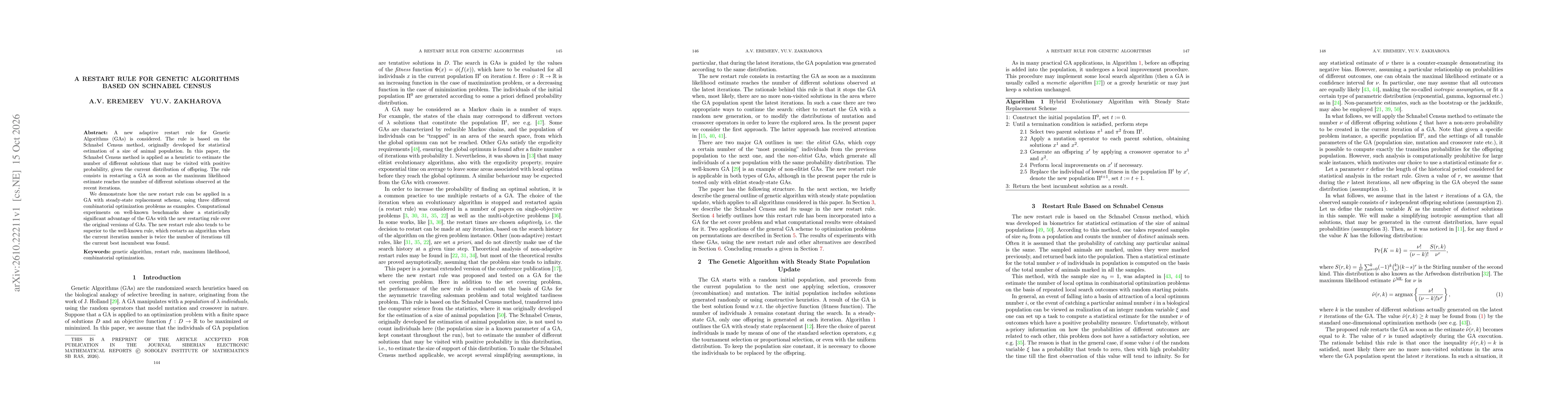Thumbnail for A restart rule for genetic algorithms based on Schnabel census