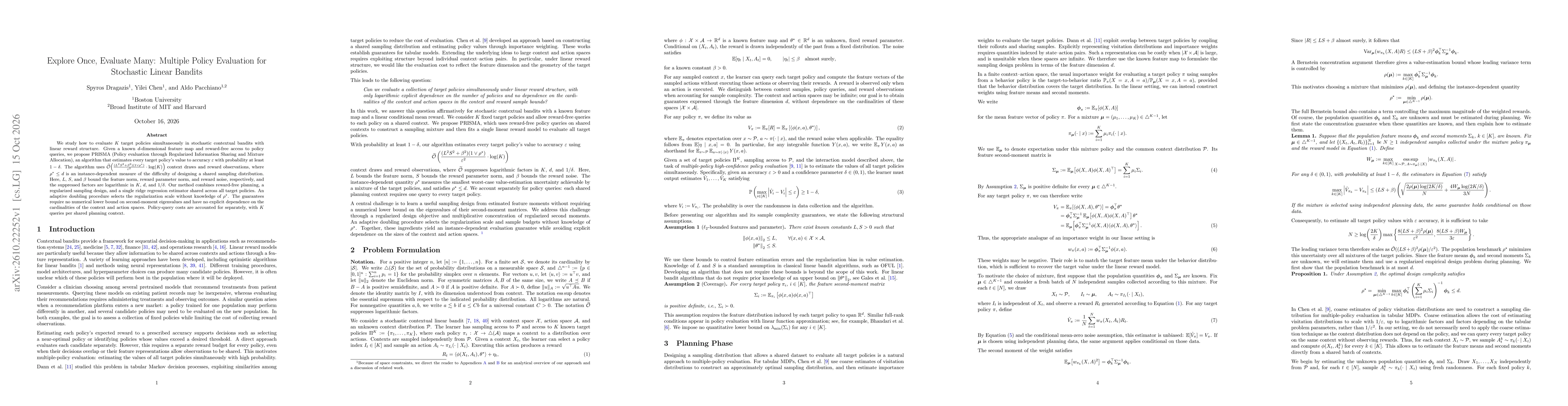 Thumbnail for Explore Once, Evaluate Many: Multiple Policy Evaluation for Stochastic Linear Bandits