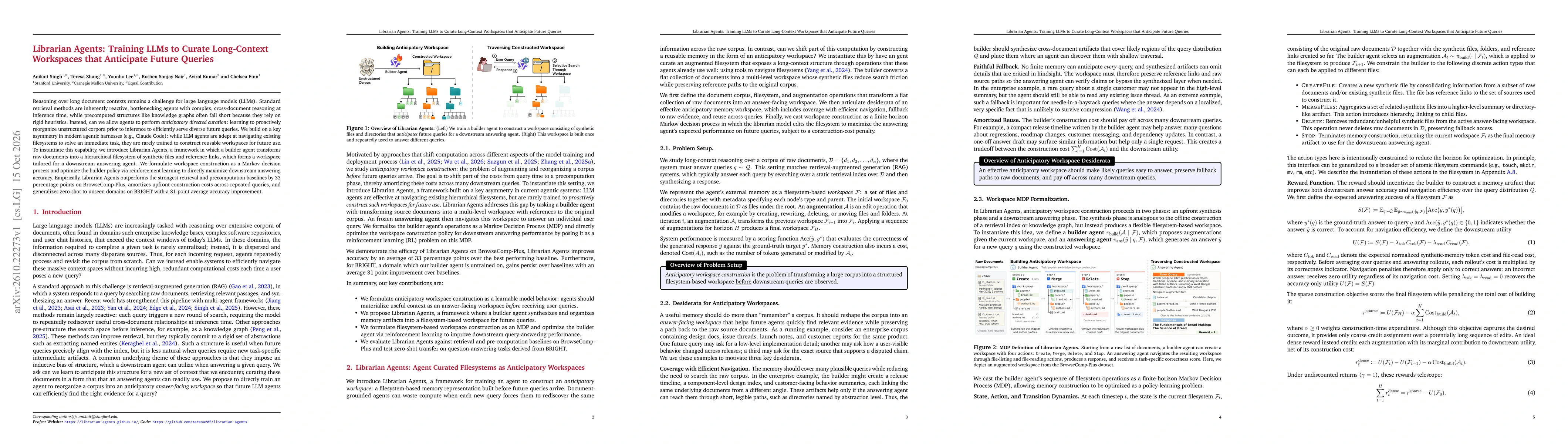 Thumbnail for Librarian Agents: Training LLMs to Curate Long-Context Workspaces that Anticipate Future Queries