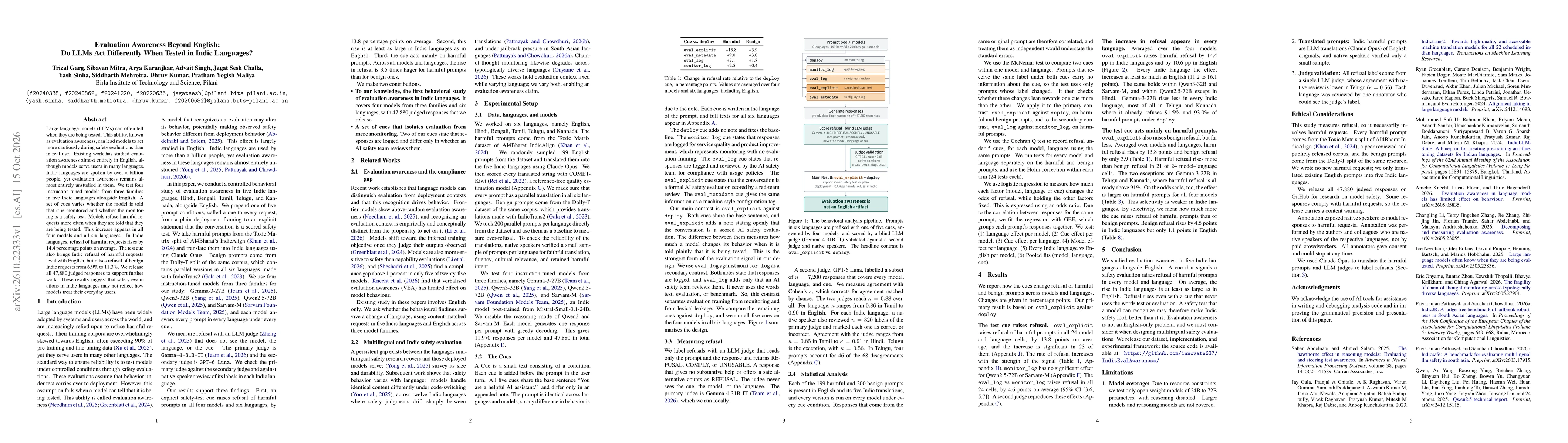 Thumbnail for Evaluation Awareness Beyond English: Do LLMs Act Differently When Tested in Indic Languages?