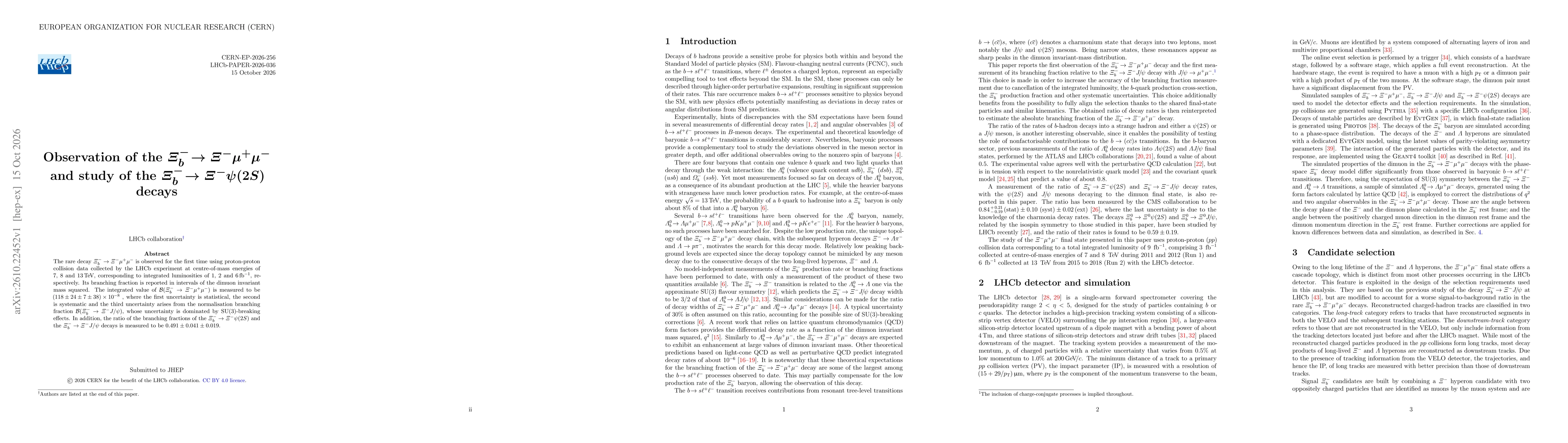 Thumbnail for Observation of the ${Ξ_b^-\to Ξ^-μ^+μ^-}$ and study of the ${Ξ_b^-\toΞ^-ψ(2S)}$ decays