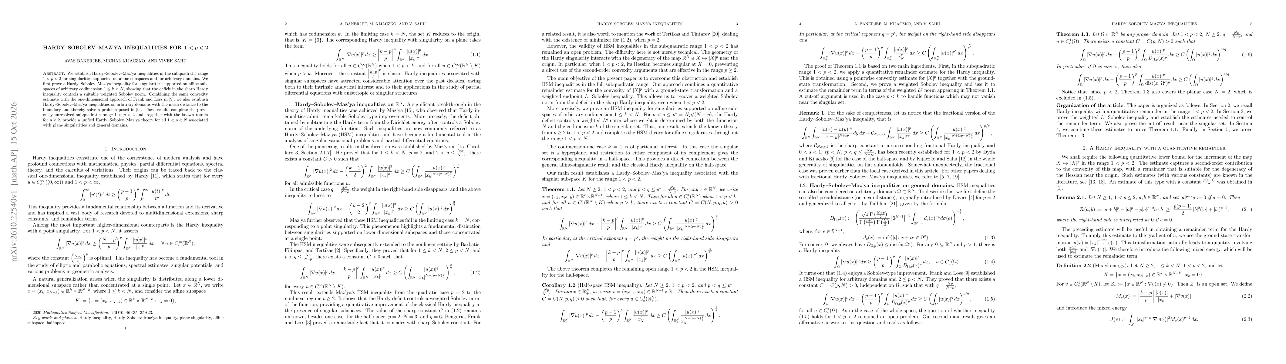 Thumbnail for Hardy-Sobolev-Maz'ya Inequalities for $\boldsymbol{1<p<2}$
