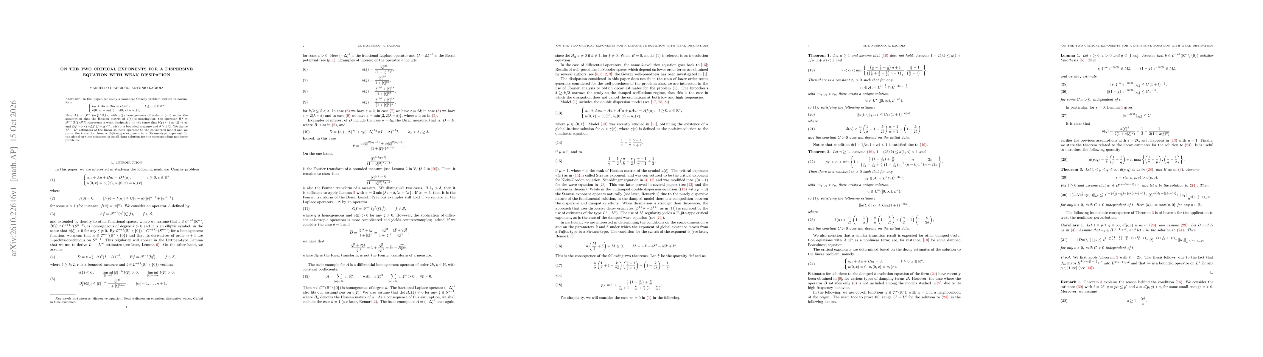Thumbnail for On the two critical exponents for a dispersive equation with weak dissipation
