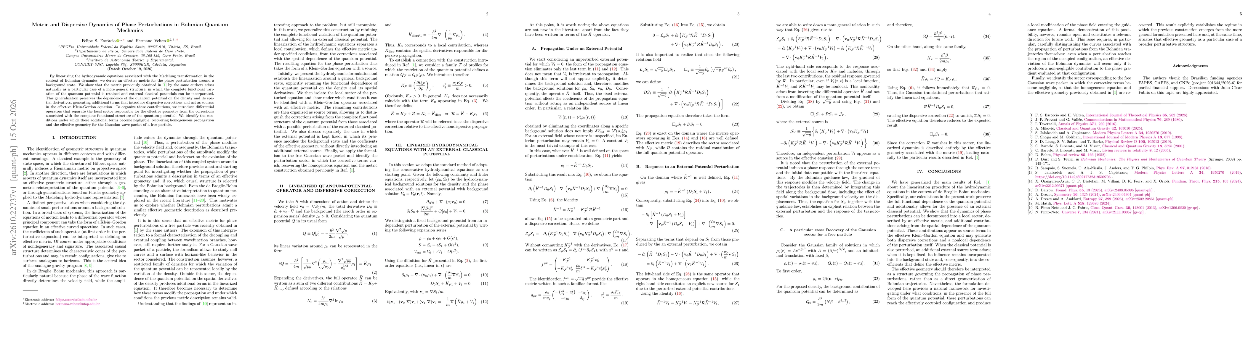 Thumbnail for Metric and Dispersive Dynamics of Phase Perturbations in Bohmian Quantum Mechanics