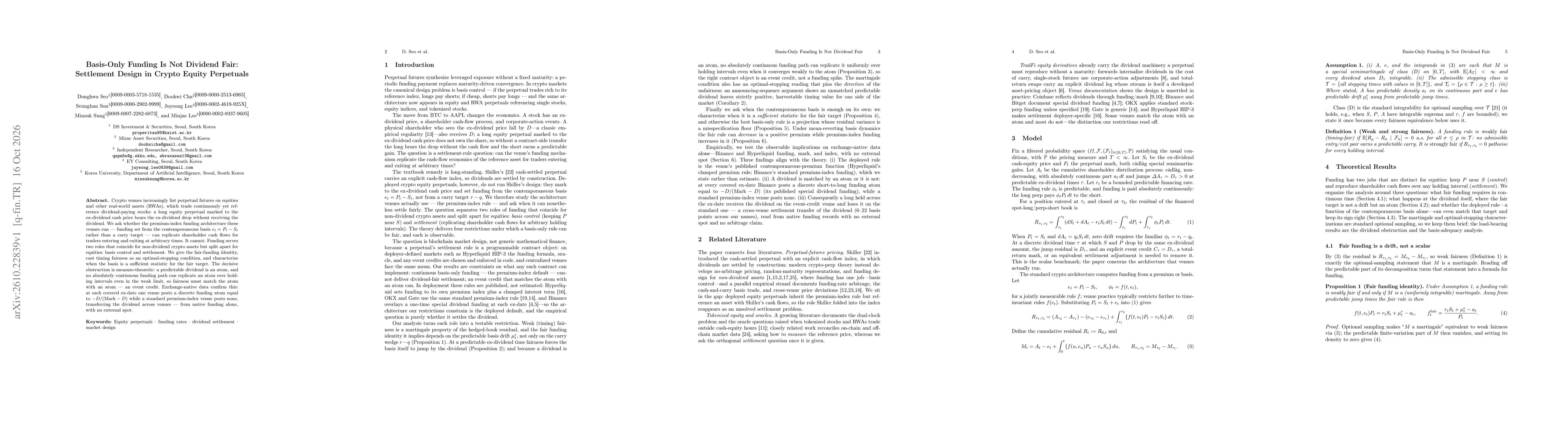 Thumbnail for Basis-Only Funding Is Not Dividend Fair: Settlement Design in Crypto Equity Perpetuals