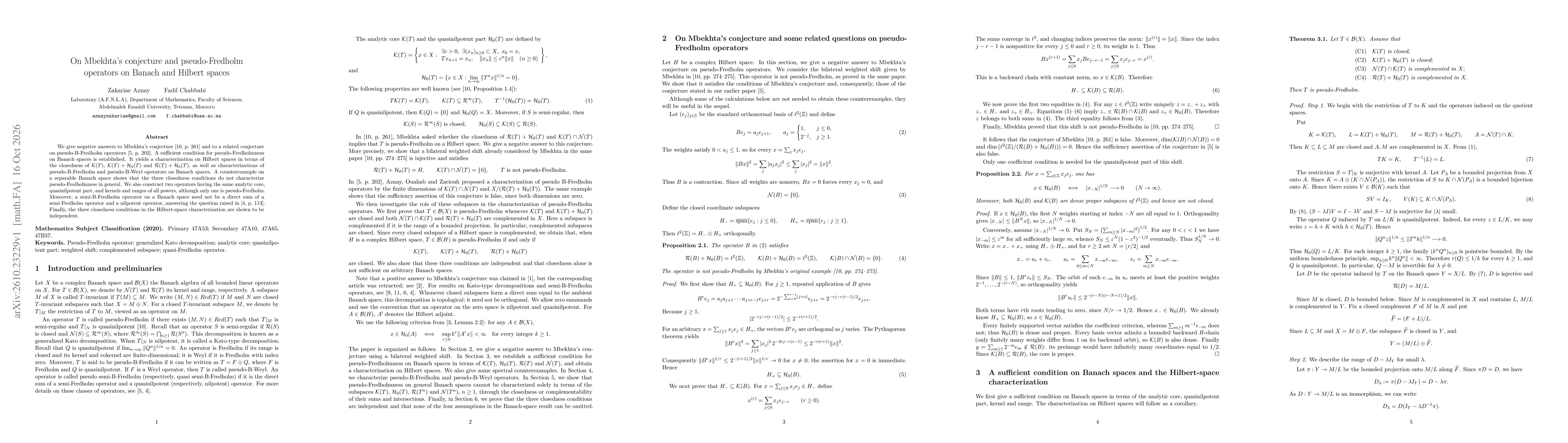 Thumbnail for On Mbekhta's conjecture and pseudo-Fredholm operators on Banach and Hilbert spaces
